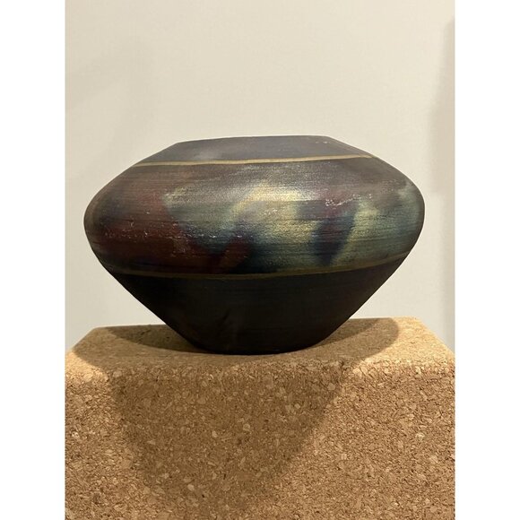 MICHAEL WEINBERG Raku Other - MICHAEL WEINBERG Raku Studio Art Pottery Bowl Vase Blue Red Gold Signed